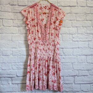 Poupette St. Barth Rachel Smocked Mini Dress M Pink Floral Bohemian Tropical